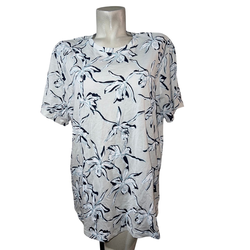 New HM Womens Size XL Floral Orchid Print Cotton Crew Neck SS T-Shirt White Blue